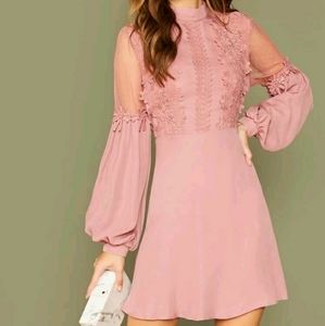 Floral Lace Detail Mesh Lanturn sleeve Dress